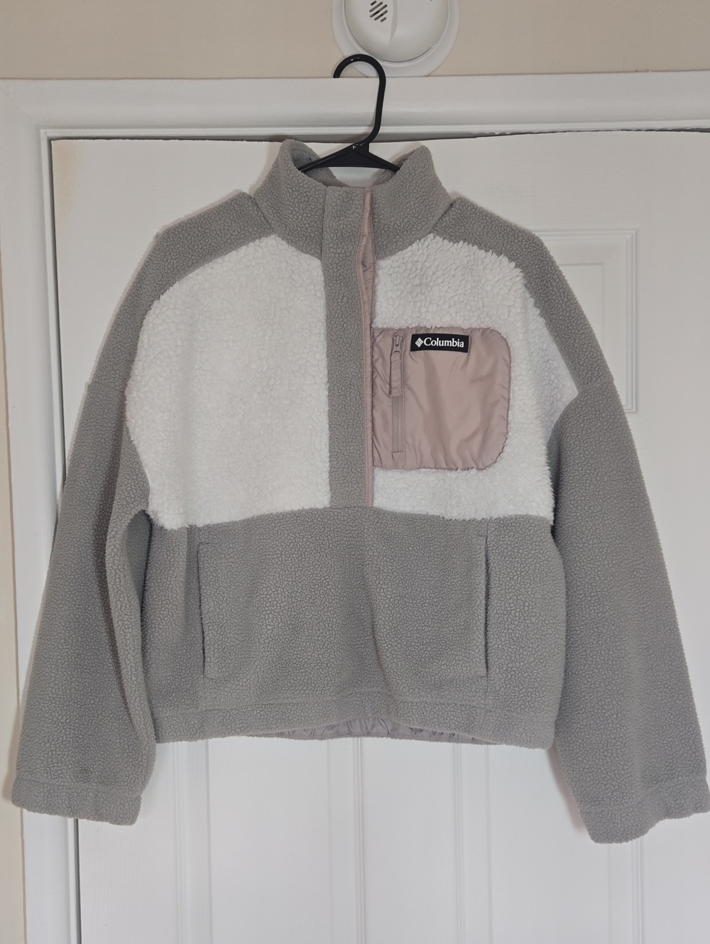 Columbia Cropped Colorblock Sherpa Half Snap Fleece Gray White Pink M - Picture 2 of 16
